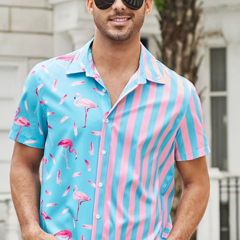 Vatpave Hawaiian Shirt – Men’s Size XL – Blue & Pink Flamingo Stripe Print